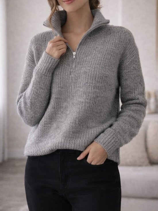 Ambiance Sweaters - Ambiance Apparel Grey Ribbed Quarter Zip Sweater Cozy Minimalist Knit